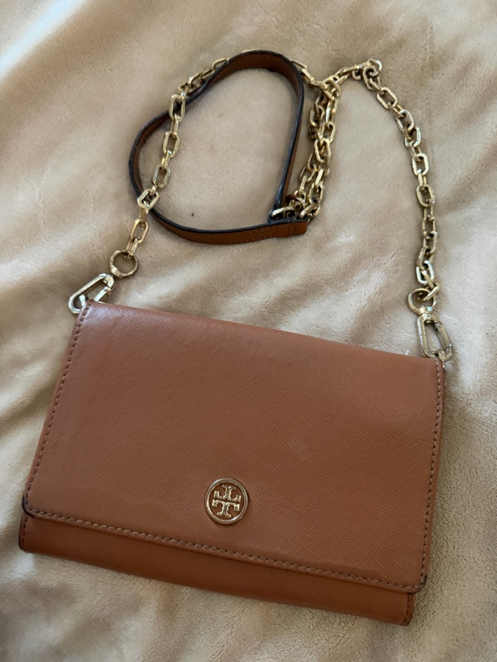 Tory Burch Tan Leather Crossbody with Gold Chain